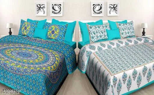 New Design cotton double bed sheets with 4 pillow covers, superfine Jaipuri pattern, ideal for adults. Flat sheets from India