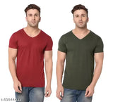 Maroon-olive men's cotton V-neck half sleeve t-shirt, solid pattern, short sleeves