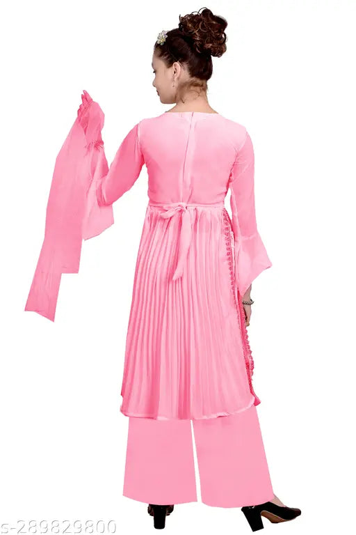 Premium embellished pink Georgette Kurta Palazzo & Dupatta set for girls, trendy ethnic party/wedding wear for kids