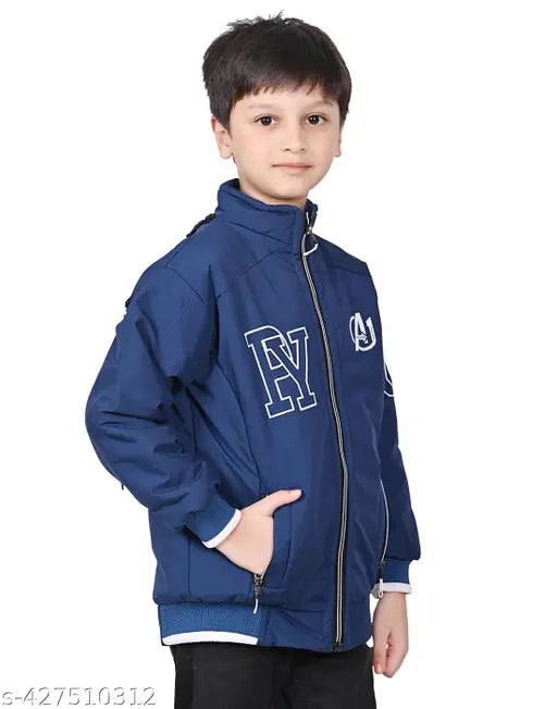 Kids blue cotton blend hooded winter jacket, regular fit, long sleeves