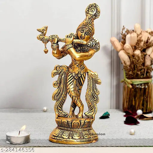 Gold-finished Krishna idol statue, 5.5cm x 13cm x 23cm, Indian craftsmanship, handcrafted metal art for home decor