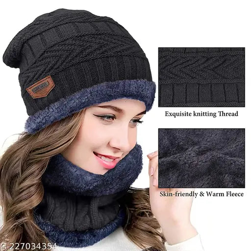 Winter knit beanie cap for women, warm soft neck muffler and scarf set, black