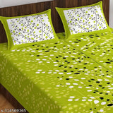 Green cotton bedsheet with white polka dots and 2 pillow covers, Rajasthani design.s-314569365