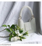 Acrylic bead fabric handbag, white and beige tones