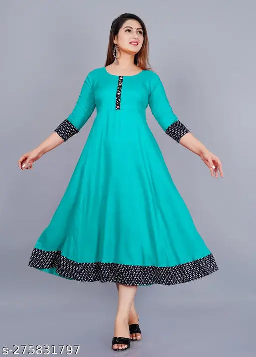 Aqua Blue rayon printed round pleated flared kurti, 3/4 sleeve length, hand wash or machine washable
