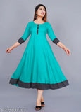 Aqua Blue rayon printed round pleated flared kurti, 3/4 sleeve length, hand wash or machine washable