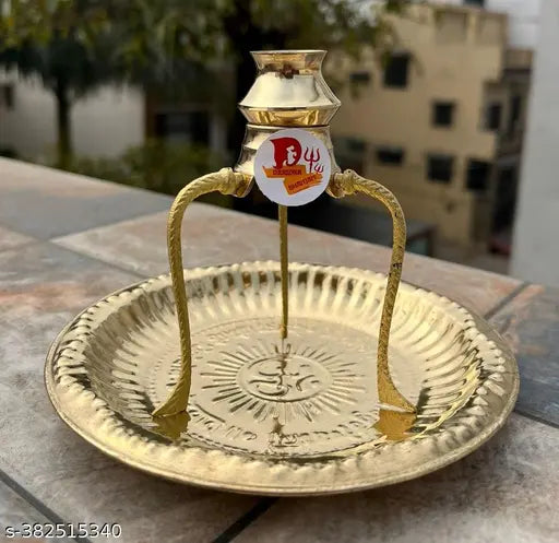Small brass pooja plate thali with Shivling stand, gold-plated abhishek lota kalash - Indian traditional puja samagri