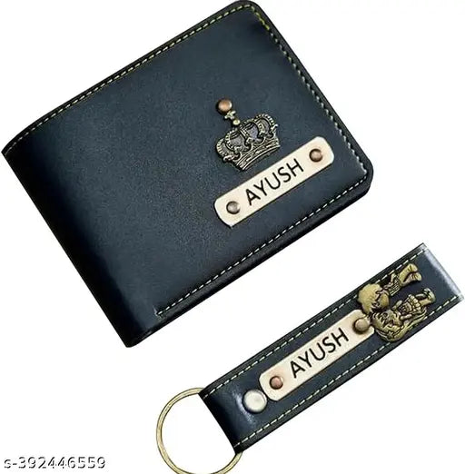 Customised faux leather wallet & keychain for men, personalized accessory with 3 compartments, free size (15cm x 10cm), made in India