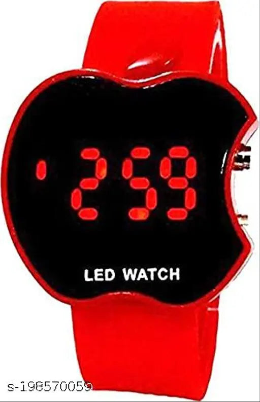 Red and black digital wrist watch with LED display, 12-hour format, apple shape design, suitable for kids