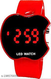 Red and black digital wrist watch with LED display, 12-hour format, apple shape design, suitable for kids