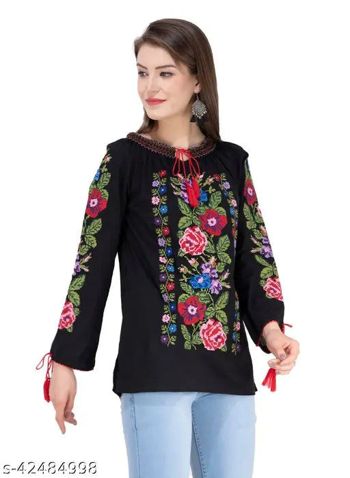 Black rayon embroidery top by SAAKAA, suitable for formal or casual occasions, XS-XXL sizes