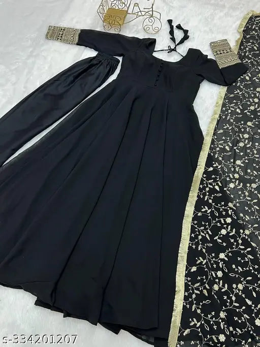 Stylish black embroidery work gown dupatta set on mannequin, georgette fabric, long sleeves, embellished net pattern, Indian bridal wear