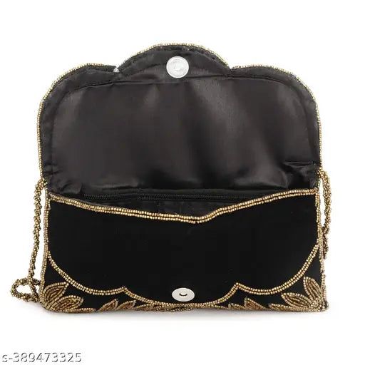 Women's black handcrafted clutch purse with embroidery