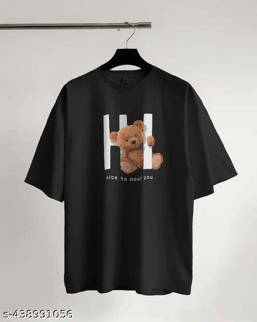 Black cotton oversized trendy T-shirt with bear graphic on it