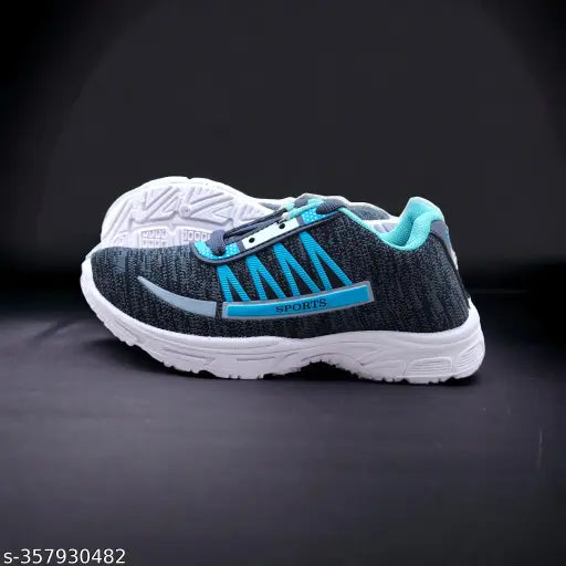 A boy's sports shoe with blue straps, featuring a mix of grey and black colors
