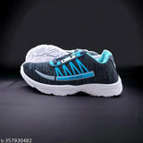 A boy's sports shoe with blue straps, featuring a mix of grey and black colors