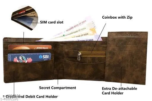 Brown two-fold leather wallet with textured pattern, ideal for men's essentials organization. Compact size, perfect for pockets or travel bags, featuring 7 card slots, 2 SIM pockets, and 2 currency slots. Comes in a Matte Black Box, making it an excellent gifting solution for various occasions like Diwali, Birthday, Dhanteras, Wedding, Anniversary, or Rakshabandhan. Handcrafted in India with premium faux leather