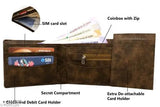 Brown two-fold leather wallet with textured pattern, ideal for men's essentials organization. Compact size, perfect for pockets or travel bags, featuring 7 card slots, 2 SIM pockets, and 2 currency slots. Comes in a Matte Black Box, making it an excellent gifting solution for various occasions like Diwali, Birthday, Dhanteras, Wedding, Anniversary, or Rakshabandhan. Handcrafted in India with premium faux leather