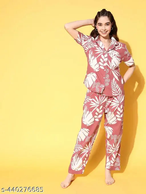 Dusty pink cotton coord lounge wear night suit dress set, printed pattern on short-sleeved pyjamas for every day use, made in India (M, L, XL, XXL sizes available)
