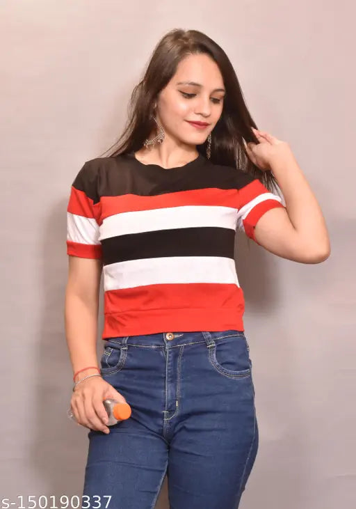 Colorblock cotton blend women's t-shirt, short sleeves, vibrant Indian design [size S/M/L/XL]