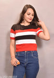 Colorblock cotton blend women's t-shirt, short sleeves, vibrant Indian design [size S/M/L/XL]