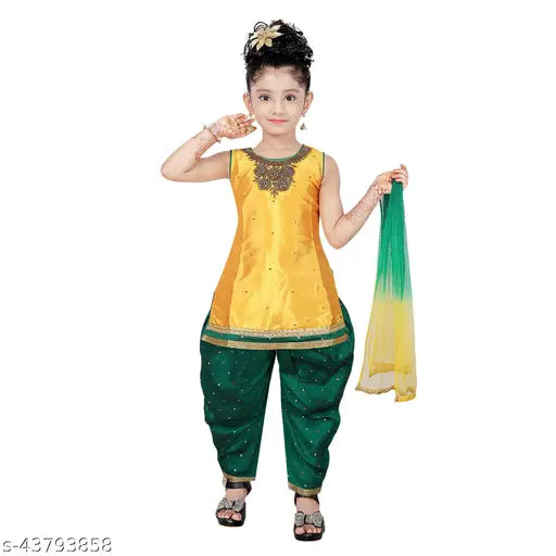 Silk blend patiala suit for kids, self-design pattern, suitable for parties and special occasions. Indian-origin girls' wear in sizes 12-12 years