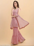Pink net and georgette printed kurta set with dupatta and palazzos, featuring sleeveless style and silver zari and beads print on kurta. Lace border on dupatta. Perfect for traditional functions, family events, festivals, weddings, and other special occasions. Made in India
