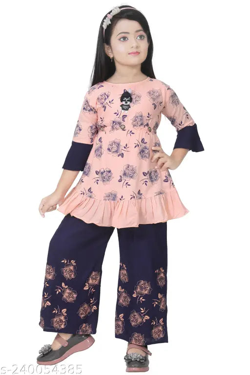 Rayon floral print A-line top & pyjamas set for girls age 1-9 years, high-quality Indian-made fashion wear