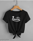 Black lycra crop top with queen printed design, short sleeves, size S-XL