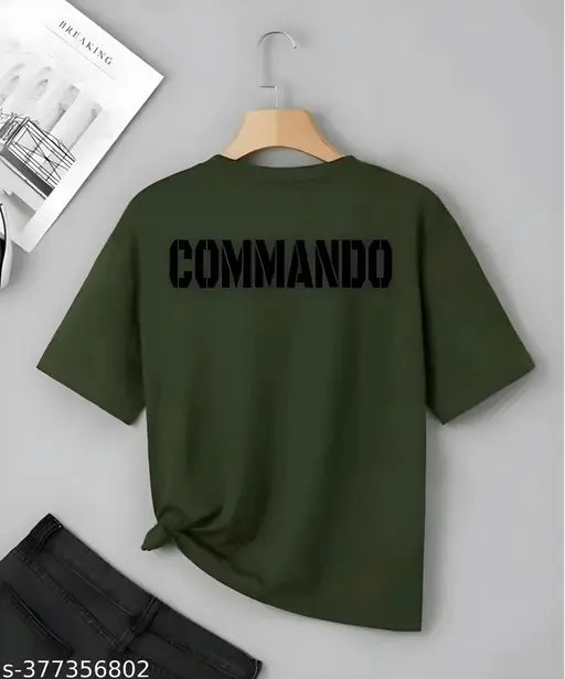Army green polyester short-sleeve t-shirt with printed pattern, size 26
