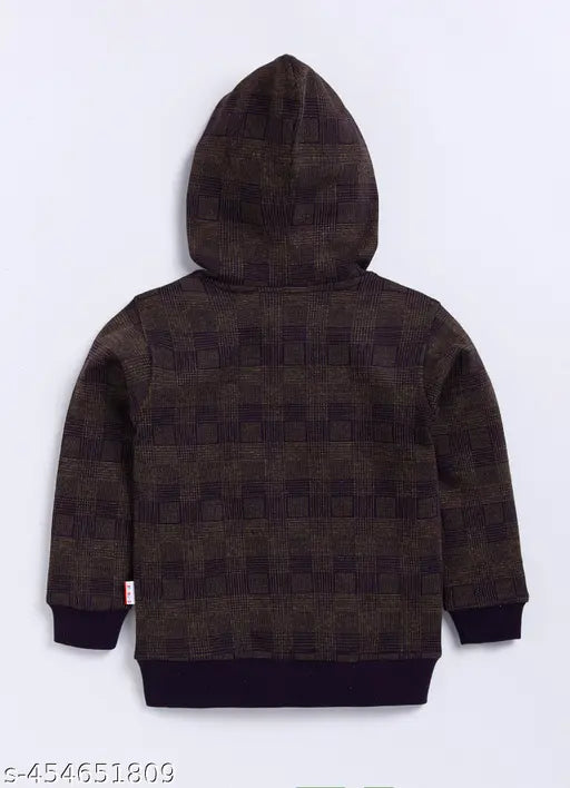 Brown plaid hoodie with drawstring hood and long sleeves