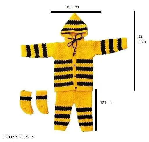 Woolen striped dress set for kids (0-3 Months), includes sweater, pajama, and socks. Made in India