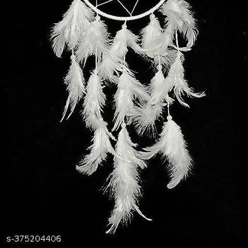Handmade white dream catcher, thread, feathers, beads - energy balancing home decor, India (approx height 30 cm)