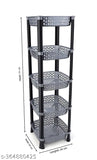 Grey plastic multipurpose step shelf kitchen storage stand, 5 layer design, includes dish rack for organizing fruit and vegetables