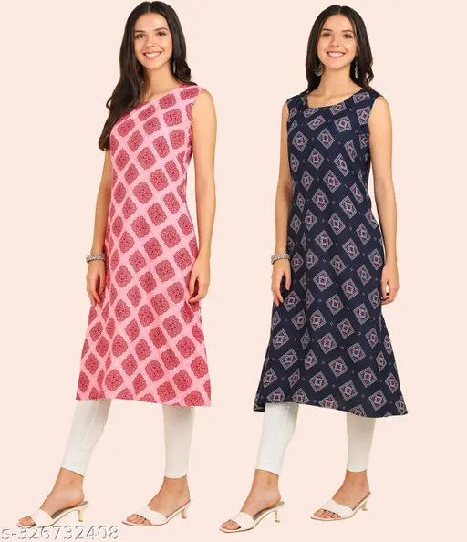 Women's crepe round kurti combo pack of 2 pcs, sleeveless checked anarkali style American crepe, calf length traditional wear for various occasions