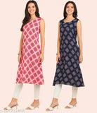 Women's crepe round kurti combo pack of 2 pcs, sleeveless checked anarkali style American crepe, calf length traditional wear for various occasions