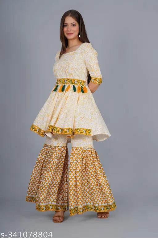 Blush pink block print sharara kurta set with full skirt and flared bottoms
