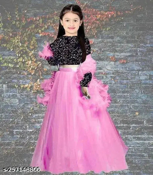 Semi-stitched velvet lehenga set for girls, embellished top and net dupatta, Indian traditional clothing for ages 12 months to 16 years