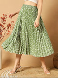 Womens abstract print pleated midi skirt with elastic waistband, knee length, versatile style