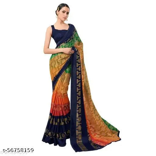 Chiffon saree with solid dupion silk blouse, printed design, free size, length 5.5m, Brasso brand, Indian origin