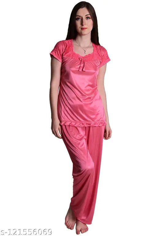 Purple coral pink and wine soft satin women's pyjama set (pack of 3), dream night fashionable nightwear for comfortable and chic sleepwear