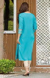 Rayon A-line kurti with zari embroidery, solid color, three-quarter sleeves. India-made women's fashion piece for versatile occasions