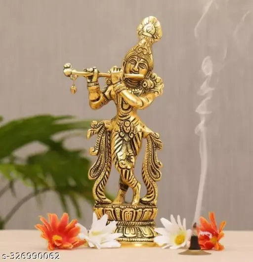 Metal Lord Krishna idol, ornate decorative piece, 6cm x 22cm x 10cm, handcrafted in India with gold-plated finish