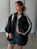 Solid black polyester bomber jacket for women, stylish and trendy with long sleeves and two side pockets, ideal for winter wear