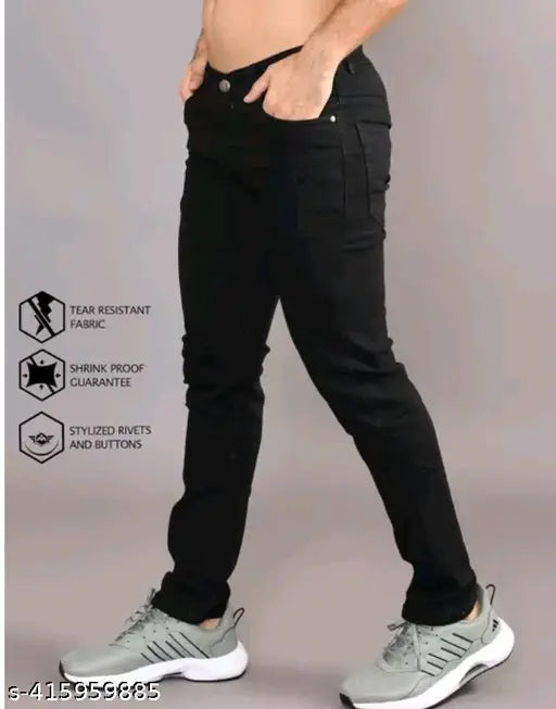 Attractive Men's black denim jeans, versatile wardrobe essential for stylish, durable fit in various sizes (24-34)