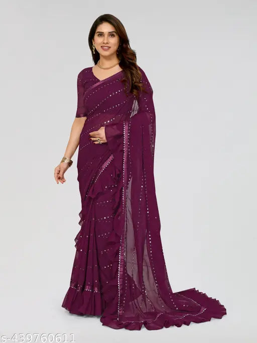Purple georgette silk saree with mirror work and ruffles