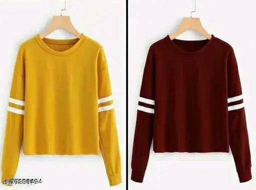 Delux Look premium women's cotton blend long-sleeve t-shirts pack of 2, solid colors for ladies, made in India