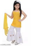 Navy blue embellished rayon kurta set with palazzos and belt design for girls, size options available from 2-3 Years to 6-7 Years