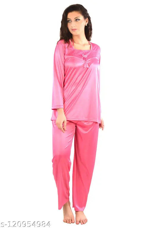 Coral Pink Women's Satin Full Sleeve Night Suit Set - Comfortable fashion, perfect for bedroom or special nights