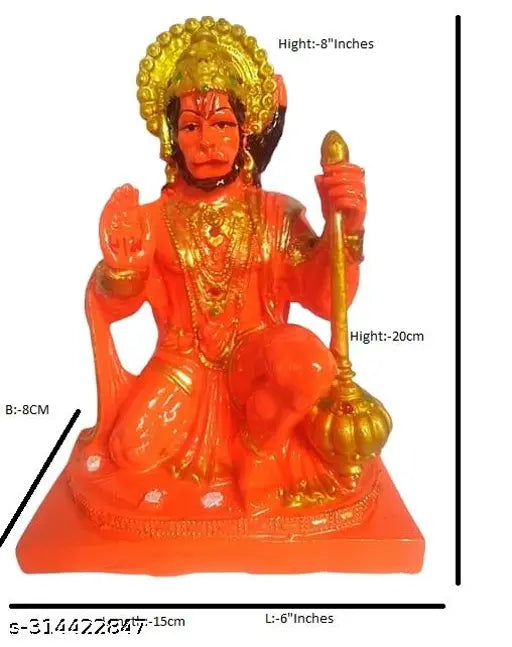 Polyresin orange Hanuman Ji statue, detailed handcrafted Indian art for home decor or gifting, 8" inch, 20cm height